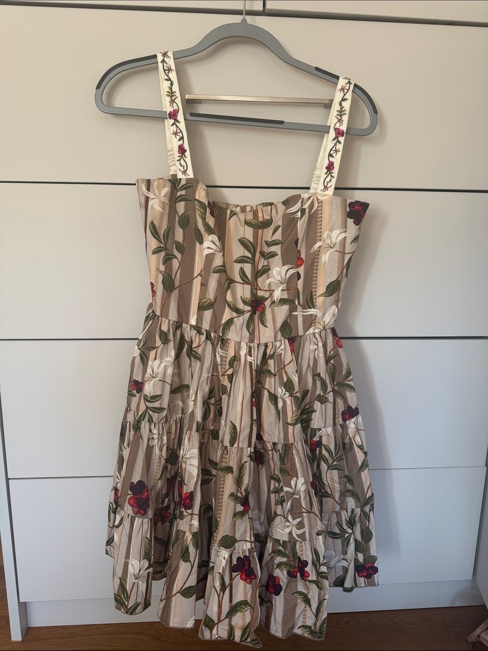 Agua by Agua Bendita Beige Floral Tiered Mini Dress with Embroidered Straps